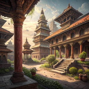 A stunning courtyard in Bhaktapur, Nepal. Ancient architecture with multiple levels, intricate carvings, and traditional designs.