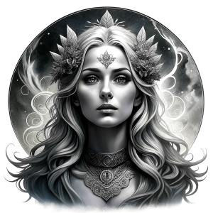 Saga, The Seer - Nordic Goddess of Sagas & Myths perfect realistic art, high-definition grey and black, white background tattoo design