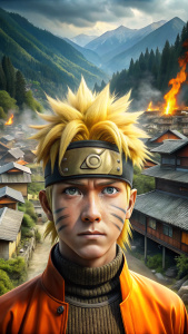 Uzumaki Naruto, Naruto sennin mode, real life, real photo, realistic, at Konoha village, Kyubi, Kurama