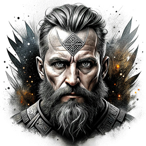 walhalla, viking warrior,  runics face, black work, white backrounds