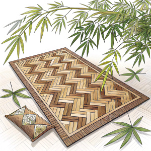 A detailed image of a woven bamboo mat featuring a complex geometric pattern in varying shades of brown.