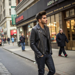Adam Lambert in a candid shot. Dark jeans and leather jacket. Urban street scene background