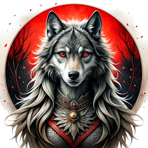 Nordic Godness Ylva She-Wolf - perfect realistic art, high-definition grey and black, white background tattoo design