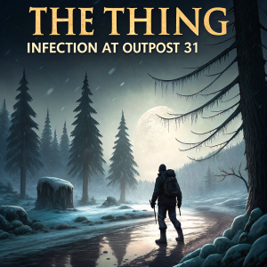 Promotional artwork for 'The Thing: Infection at Outpost 31'. Icy wilderness surrounds the ominous outpost, where chilling shadows hint at hidden dangers. Title in bold, jagged font.