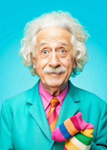 imagen de Albert Einstein con una sonrisa traviesa, sosteniendo un par de calcetines de colores diferentes en sus manos, hiperrealista, hiperdetallado, 4k