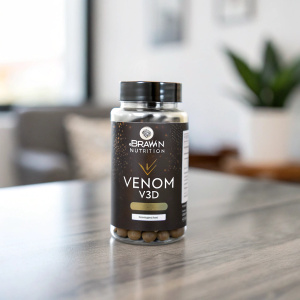 Brawn Nutrition's Venom v3D dietary supplement. Sleek, modern container with clear label detailing supplement information.
