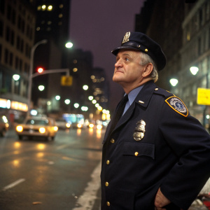 Robert Prosky as Sgt. Stanislaus 'Stan' Jablonski from Hill Street Blues. He's a seasoned Caucasian man with a mature look, dressed in a navy police uniform with rank badges. Set against a bustling city street scene at night, he stands contemplatively, hand on hip.