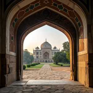 A magnificent archway leading to the sprawling complex of Humayun's Tomb. The arched entrance sets the stage for a grand pathway lined with ancient stones. Beyond, a majestic dome rises from a lush carpet of green, glowing softly in the ambient light.
