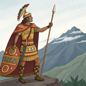 Rumiñahui, a mighty Incan warrior, stands proudly. Clad in elaborate Incan garments. Wields a spear with confidence. Majestic mountain backdrop