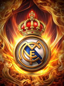 Escudo del real madrid en forma de ojo, en color dorado con el fondo negro, llamas rojas difuminadas con tamaño 1080 x 1920