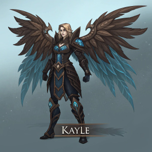 Digital artwork of Kayle in Aether Wing form. Detailed design with dark armor, blue and brown hues, complex wings. Muted gray background. Text identifies the character.