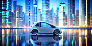 futuristic technology EV car on blurred city background, HD, minimal