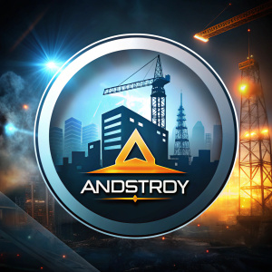 Строительное лого с буквами ANDSTROY и изображением стройки вписано в круг, фон белый
