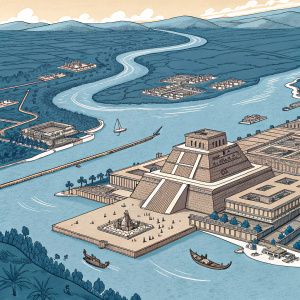 A detailed map of the ancient Aztec city of Tenochtitlan. Illustration features intricate waterways, buildings and structures in shades of blue and brown with white highlights. Focuses on layout and infrastructure.