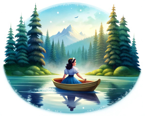 Snow White is boating on the lake in the forest
, white background, sticker
