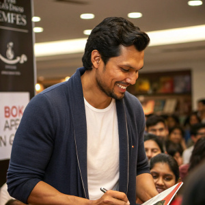 Randeep Hooda, south asian actor, wearing casual outfit. Attending book launch event. Crowd visible in background.