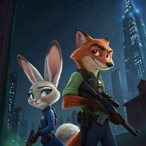 Nick Wilde and Judy Hopps from Zootopia, posing with weapons in hand. Digital artwork with detailed fur textures. Dark, futuristic cityscape backdrop