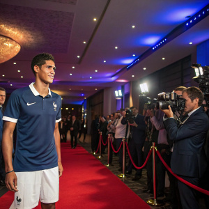 Raphael Varane, soccer player, in French national team jersey, posing for the camera at an indoor awards ceremony. Red carpet event with celebrity attendees.