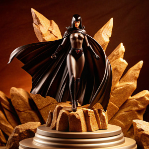 3D model of a female superhero, Heroicas Raven, standing in dramatic pose with dark cape and form-fitting bodysuit. The base is a jagged rocky formation. The background is a uniform dark color, highlighting the sharp angular elements of the design.