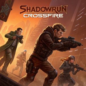 Digital artwork for Shadowrun Crossfire board game cover. Multiple characters depicted in various dynamic poses. Warm and cool color tones, with predominant brown and orange shades.