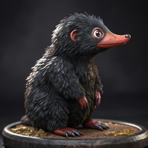 Prime1 Studio's Niffler figurine from Fantastic Beasts. Dark background, black fur, red beak. Close-up showcasing intricate details.