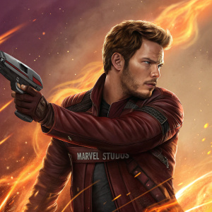 Chris Pratt, aka Star-Lord, intense pose with weapon, fiery background, determined look. Marvel Studios logo