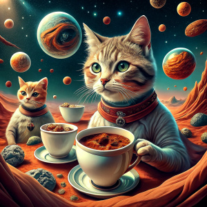 "Design a whimsical poster of a cat cafe on Mars, where fluffy cats float in zero gravity. The cafe serves cosmic catnip tea and asteroid tuna treats. The background showcases a red Martian landscape with space rovers and alien visitors sipping tea with the cats, blending interstellar exploration with feline fun."

