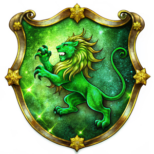 green coat of arms with a lion and with white background