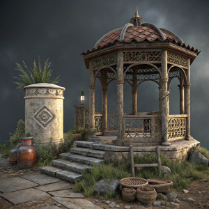 Digital artwork featuring detailed 3D models from the Assassin's Creed series. Weathered pergola, intricate small structure, and textured object with a rustic look. Set against a dark, moody background.