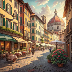 A lively square in Florence, Italy. Stone paved street lined with cafes and restaurants. Traditional buildings adorned with pastel colored shutters and intricate facades. Warm sunlight bathes the scene, casting delicate shadows. People walk leisurely, dine outdoors, and socialize.