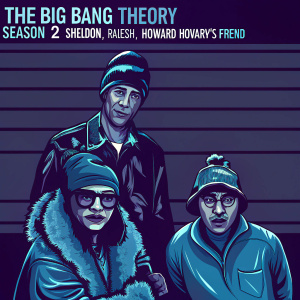 Promotional poster for The Big Bang Theory Season 2. Sheldon, Rajesh, Howard, and Howard's friend gather. They are dressed in vibrant outfits. Behind them, a quirky crime board design. Humorous and playful tone.