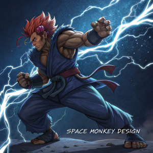 Digital painting of Akuma from Street Fighter. Muscular build, dynamic pose. Dark blue background with lightning effect. Artist's signature SPACE MONKEY DESIGN at bottom.