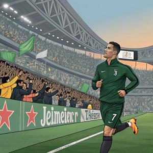 Cristiano Ronaldo in a vibrant stadium. Dressed in a green training outfit with Nike and Juventus logos. Running towards the sideline, the crowd cheering loudly.