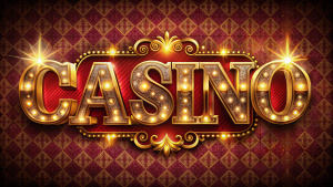 Luxurious gold and red 3D text effect with glittering casino lights and ornate details on a dark velvet background.