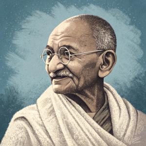 Stylized pixel art portrait of Mahatma Gandhi. Muted blue background