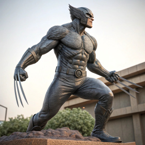 A lifelike 3D rendered statue of Wolverine. Standing pose, claws extended. Dark metallic finish.