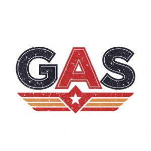 Dynamic 'GAS' logo with rough grunge texture. Bold font stands out against plain white background. Graphic design.