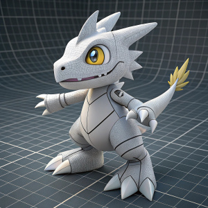 3D rendering of Digimon Dorumon. Gray color scheme. Modern digital art style. Grid patterned background