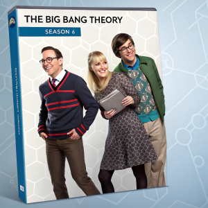 The Big Bang Theory season 6 Blu-ray cover featuring Sheldon Cooper, Leonard Hofstadter, and Amy Farrah Fowler in quirky outfits. Geometric pattern background.