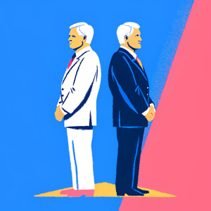 Formal portrait of Newt Gingrich and Mitt Romney. Both in dark suits, at political rally, blue and red background