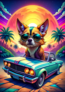   ultra detailed  convertible vintage car in San Francisco . , driving a cartoon character angry fox chihuahua dog  with sunglases,background, style pop art, , style watecolor, black background,ready for print t-shirt, style art fabric, without horse, full body
