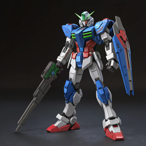 3D model of PPGN-001 Gundam Amazing Exia, vibrant colors. Blue, gray, green, and red armor. Dynamic stance. Detailed weaponry and intricate design elements. Dark, minimalist background