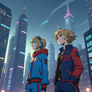 Digital art of Rin Kagamine and Len Kagamine from Vocaloid series. They are in a futuristic cityscape, wearing blue and red outfits.
