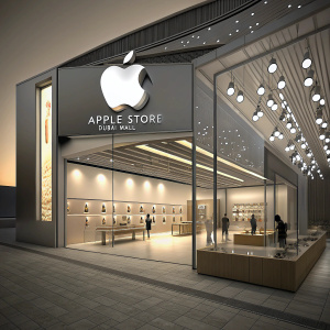 A sleek and modern Apple Store concept design at the Dubai Mall. The facade gleams with a large, metallic logo. Inside, the space is illuminated by rows of suspended lights.