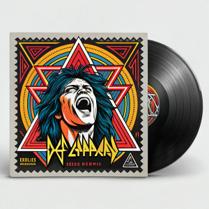 Def Leppard's 'Hysteria' album cover reimagined. Rock and roll inspired design, bold face-like graphic with vibrant hues. Limited edition details showcased.
