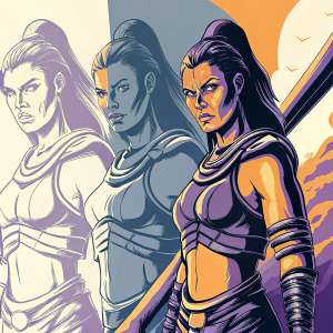 Digital art evolution of Nariko, a fierce female warrior. From rough sketch to highly detailed and stylized illustration.