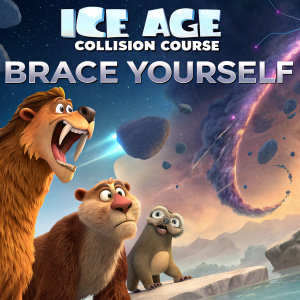 Animated movie poster for 'Ice Age: Collision Course'. Characters include Manny the mammoth, Diego the saber-toothed tiger, and Sid the sloth. Vibrant colors with the tagline 'Brace Yourself', 3D format.