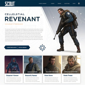 Homepage for Scout Entertainment, highlighting Revenant from 'Celestial'. Includes high-resolution sketches, detailed design descriptions, and diverse character poses. Embraces modern graphic design principles.