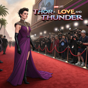 Jaimie Alexander, wearing a dramatic purple gown with intricate detailing, at the premiere of Marvel's Thor: Love and Thunder. Black gloves add a touch of elegance. Red carpet bustling with fans and cameras, movie title and Marvel logos visible.