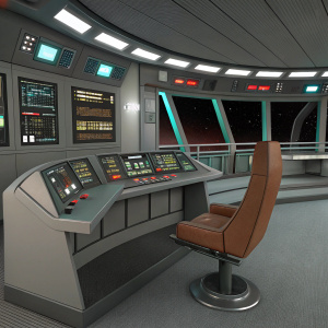 A digital 3D rendering of the U.S.S. Reliant bridge from Star Trek. Featuring a control panel with blue and red lights, brown leather-like command chair, and various electronic displays. Gray and green color scheme.